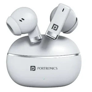 Portronics Twins one in Ear Earbuds Upto 30 Hours Playtime,13mm Music Mode Type C Fast Charging (White)