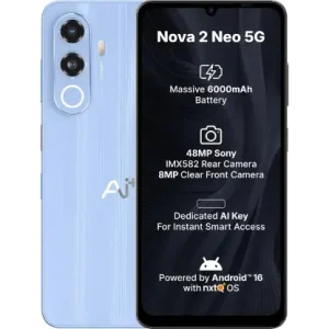 AI+ Nova 2 Neo 5G Smartphone, 128 GB, Android 16, 4 GB RAM, Mediatek Dimensity 6300, 2.4 GHz, 6.745 Inch HD+ Display (Blue)